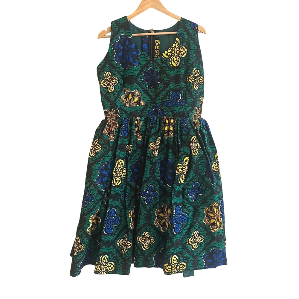 African Anningtex Veritable Wax Blue Green Flared Sleeveless‎ Lined Dress New
